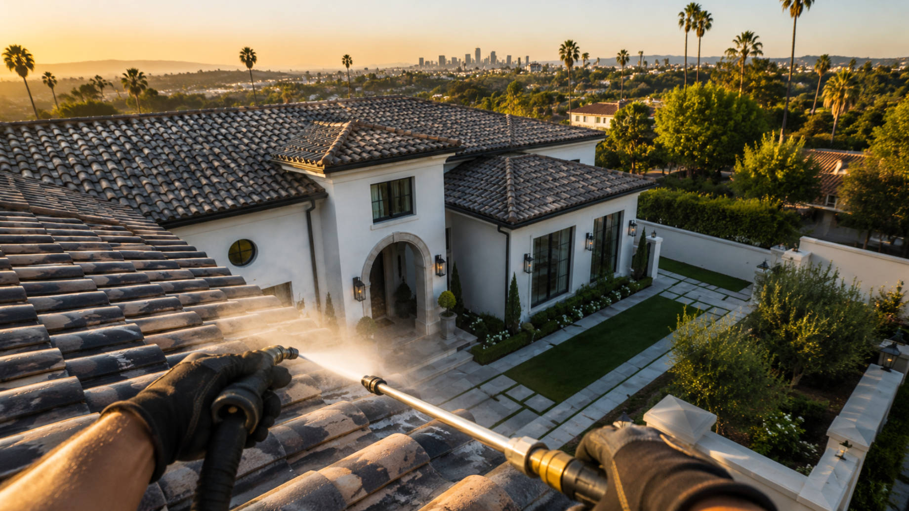 First-person view of a worker soft washing clay roof tiles on a luxury Los Angeles residence with manicured landscaping, palm trees, and the city skyline in the distance.