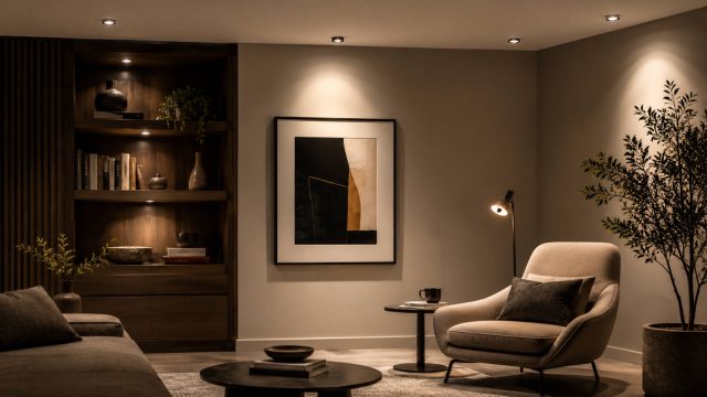 Warm LED spot lights illuminating framed artwork, built-in shelving, a reading chair, and decorative greenery in a contemporary living room.