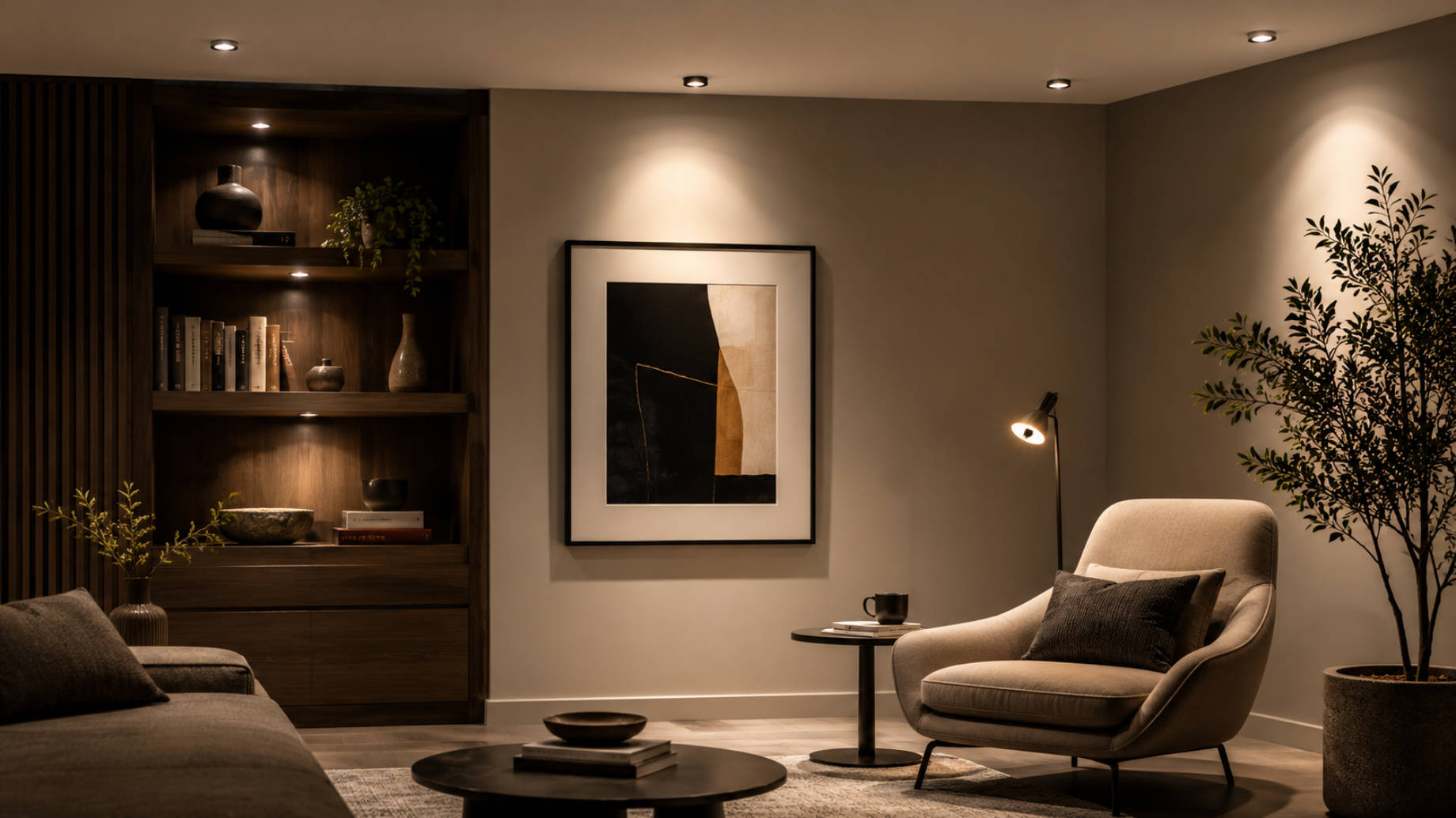 Warm LED spot lights illuminating framed artwork, built-in shelving, a reading chair, and decorative greenery in a contemporary living room.