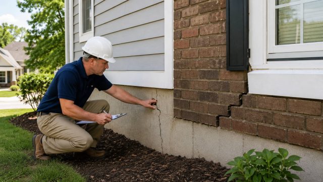 Foundation repair specialist examining cracks in a home’s concrete foundation and brick exterior while taking notes during an inspection.