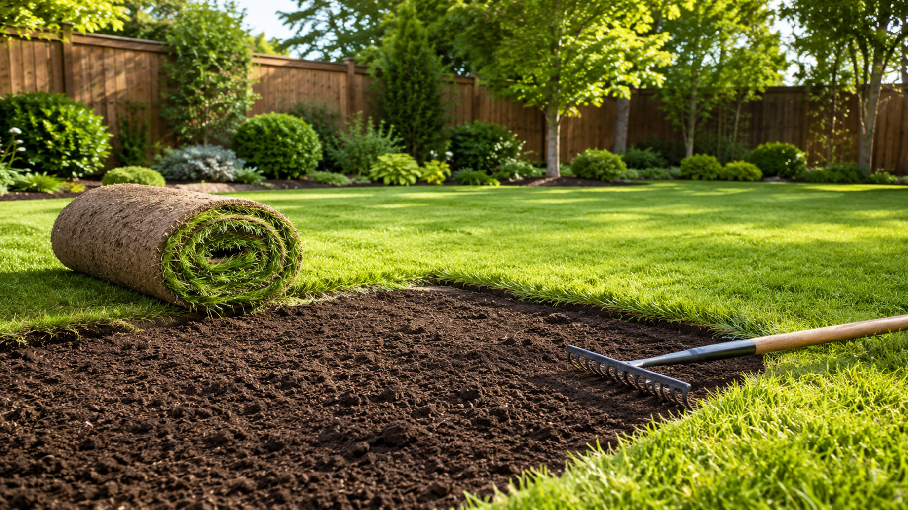 Fresh sod roll, prepared soil, and garden rake on a green backyard lawn during a simple renovation project.