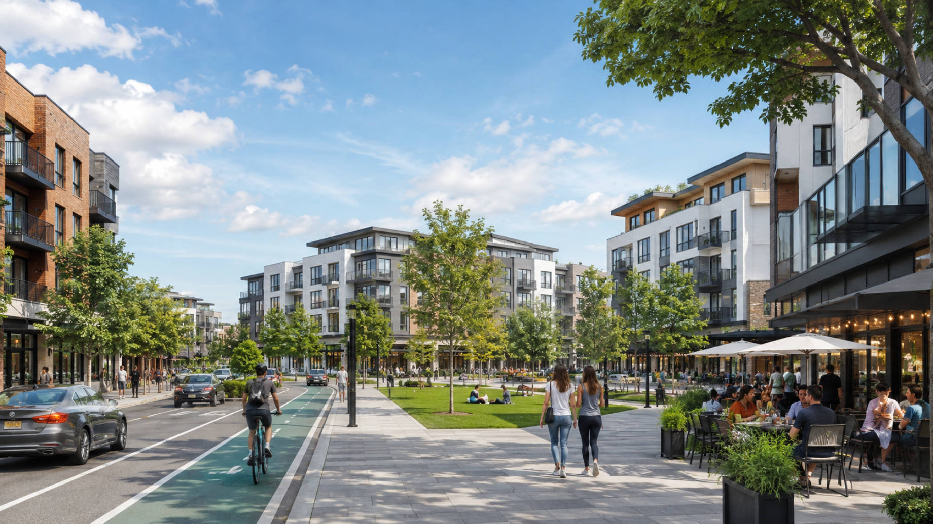 Modern mixed-use neighborhood with apartments, shops, cafรฉs, green space, wide sidewalks, a protected bike lane, and active street life.