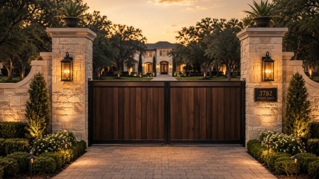 Closed wooden driveway gate between illuminated stone pillars, with manicured landscaping and a large estate home in the background at sunset.