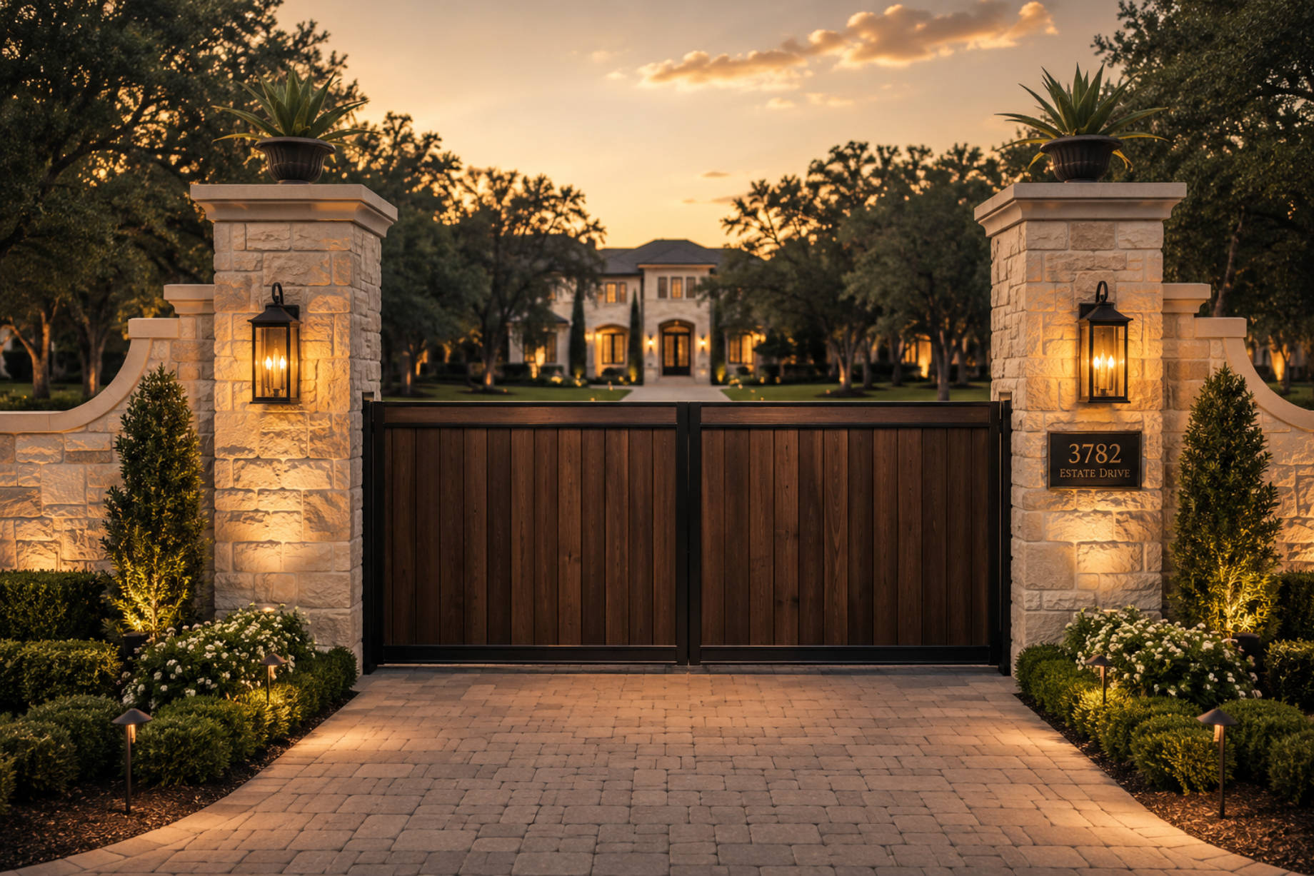 Closed wooden driveway gate between illuminated stone pillars, with manicured landscaping and a large estate home in the background at sunset.