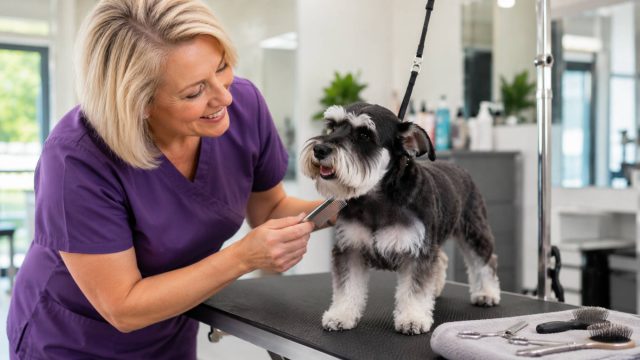 A professional groomer in purple scrubs gently combs a black and white miniature schnauzer on a grooming table in a bright pet salon.