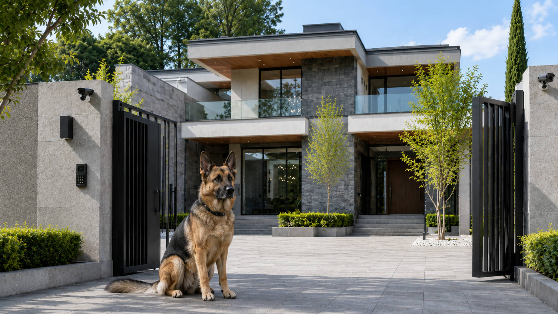 A calm German Shepherd sits at the open gate of a modern luxury home with security cameras, landscaped grounds, and bright daylight.