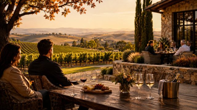 Guests enjoying wine on an upscale vineyard terrace in Walla Walla, with glasses, rolling vines, and golden countryside views at sunset.