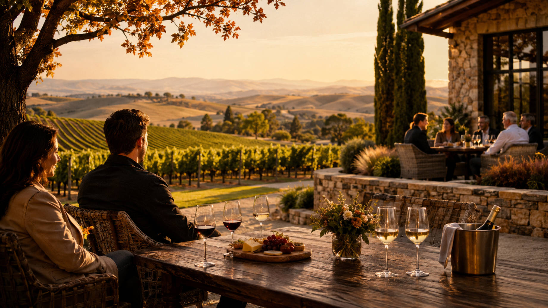Guests enjoying wine on an upscale vineyard terrace in Walla Walla, with glasses, rolling vines, and golden countryside views at sunset.