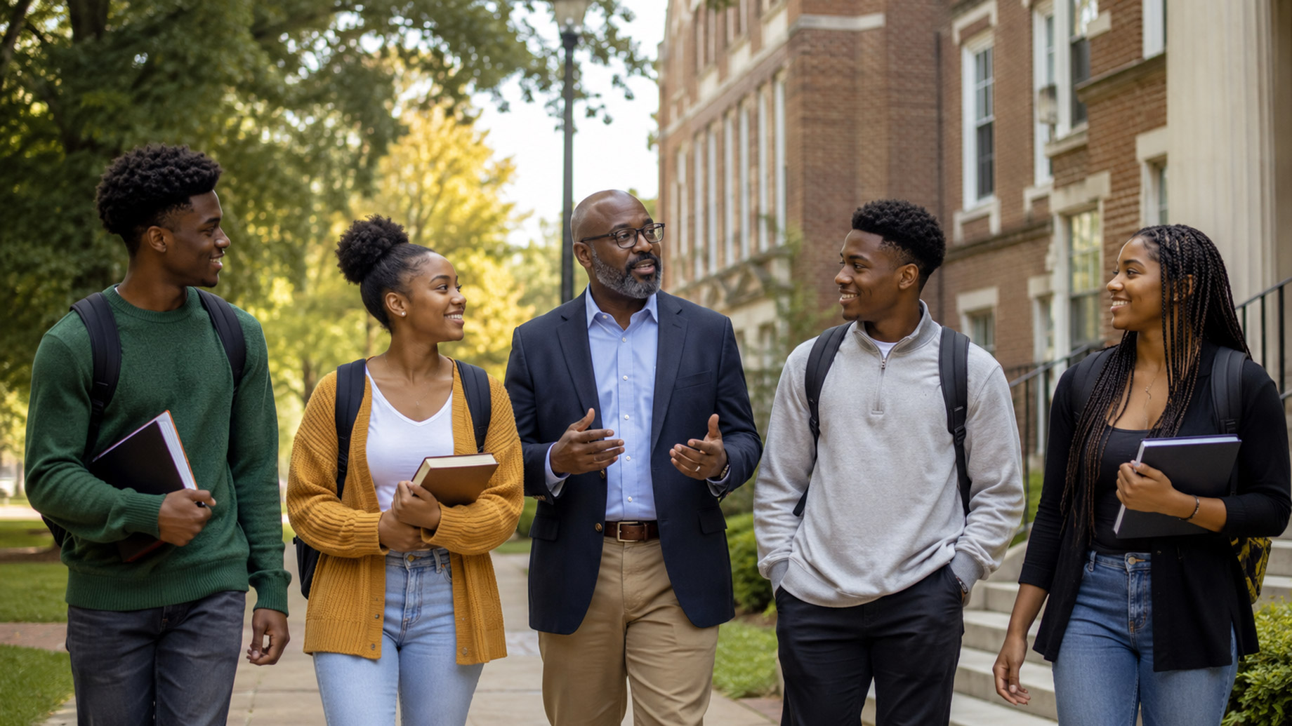 Black faculty mentor walking with first-generation Black college students on a sunny campus pathway beside historic brick academic buildings.