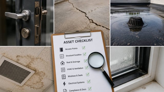 Asset inspection checklist surrounded by a damaged door lock, cracked concrete, poor roof drainage, ceiling moisture, and window condensation.