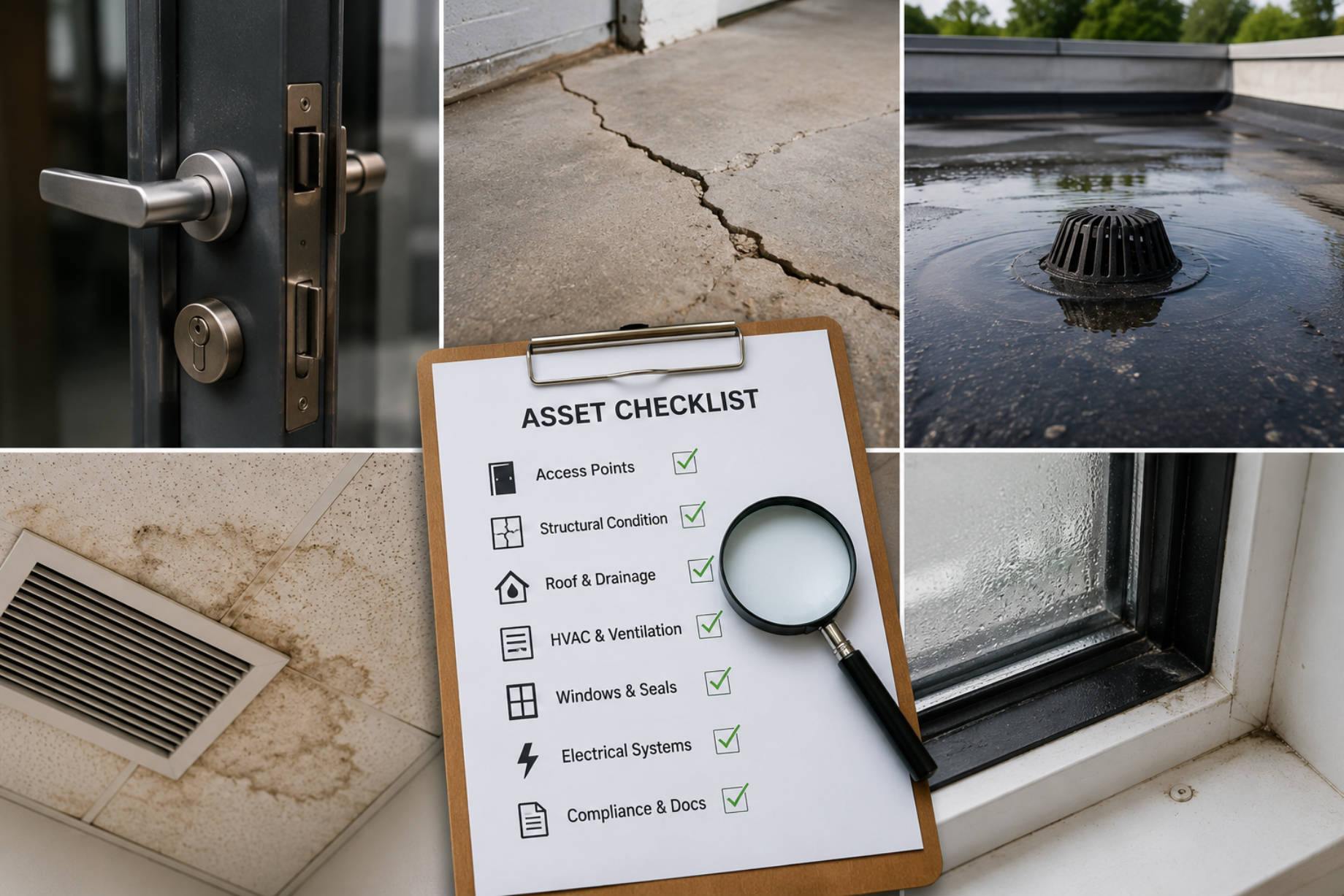 Asset inspection checklist surrounded by a damaged door lock, cracked concrete, poor roof drainage, ceiling moisture, and window condensation.