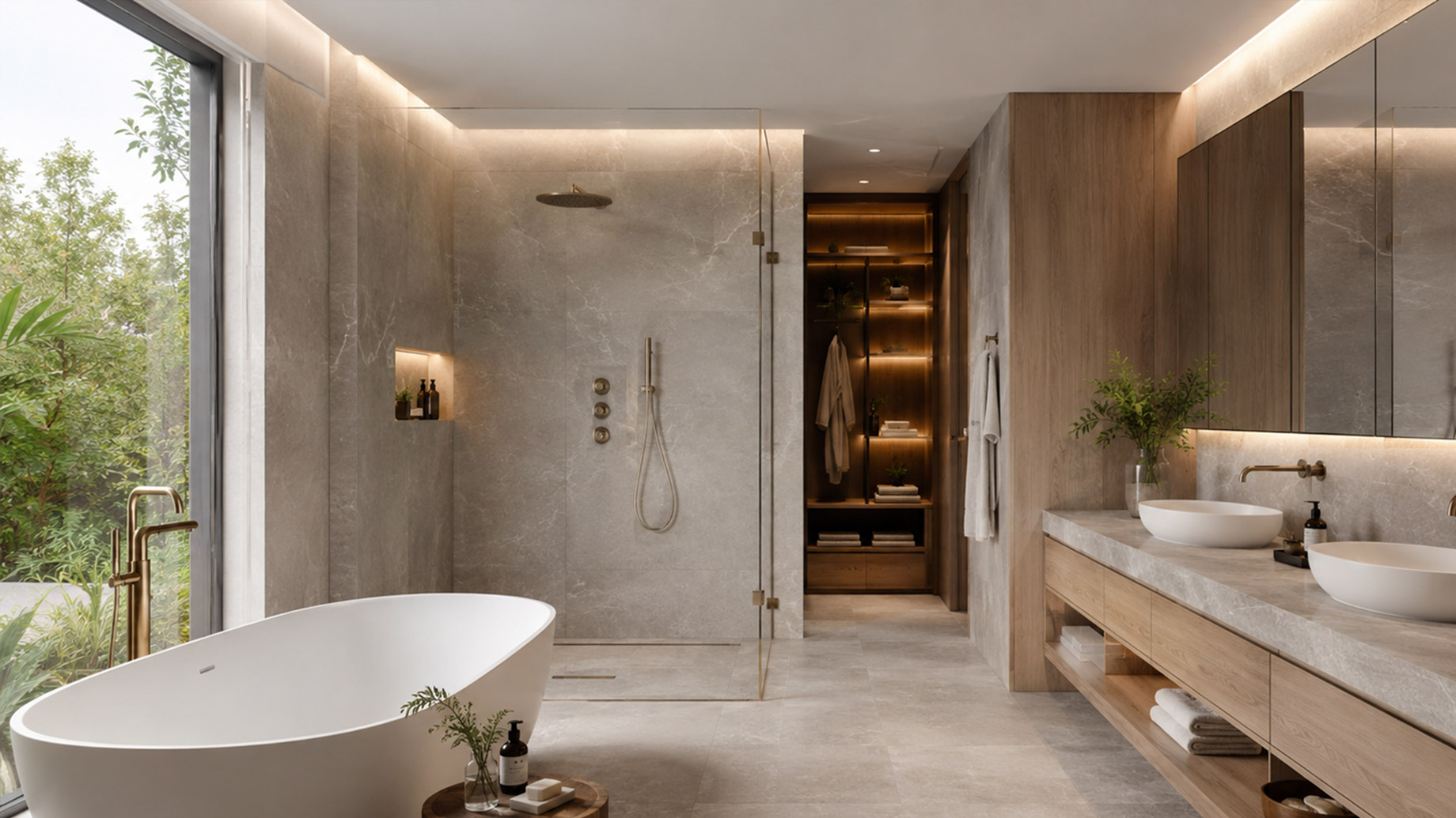 Luxury modern bathroom with a freestanding bathtub, walk-in glass shower, double vanity, vessel basins, stone surfaces, warm timber cabinetry, brass fixtures, and soft integrated lighting.