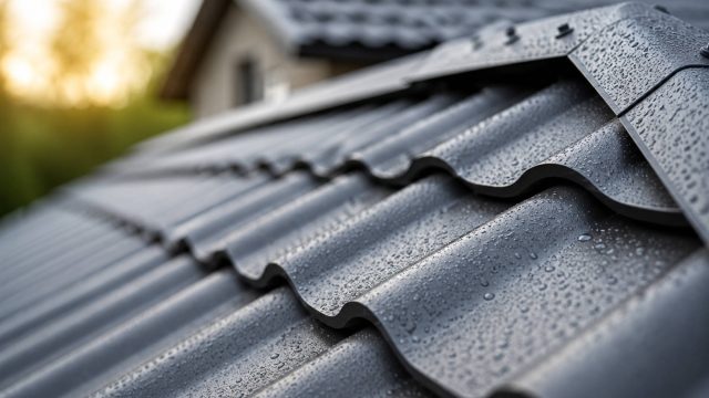 Close-up of dark metal roofing panels covered with water droplets against a softly blurred residential background.
