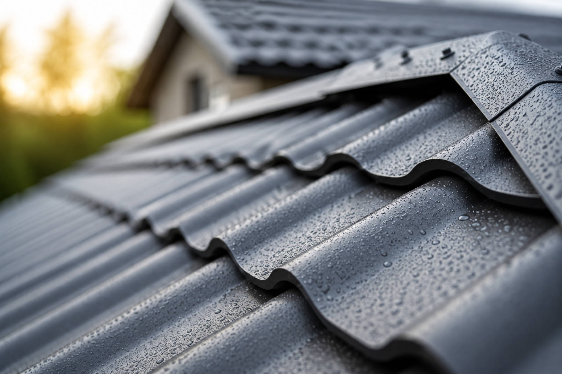 Close-up of dark metal roofing panels covered with water droplets against a softly blurred residential background.