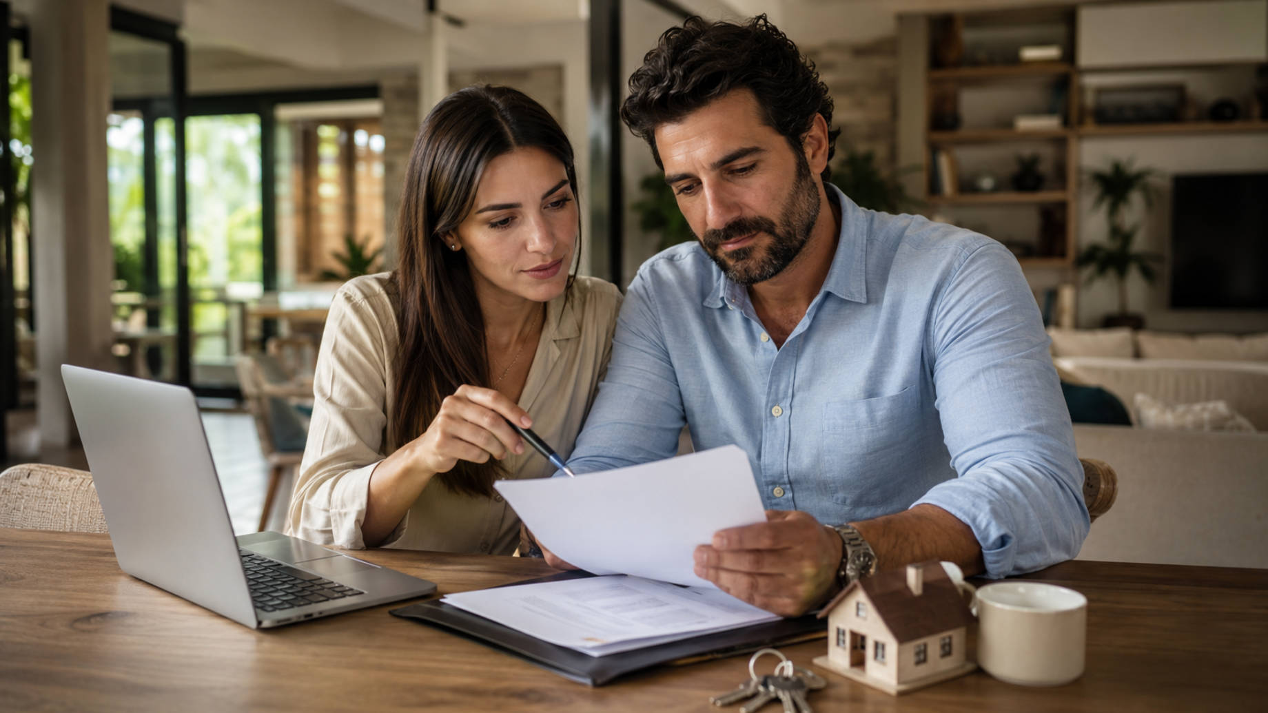 Homeowner couple reviewing insurance papers at a table with a laptop, house model, keys, and coffee in a modern home.