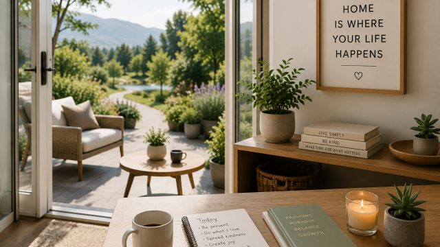 Bright interior with an open glass doorway leading to a garden terrace, with a wooden desk, coffee mug, notebook, plants, books, candle, and peaceful outdoor path beyond.