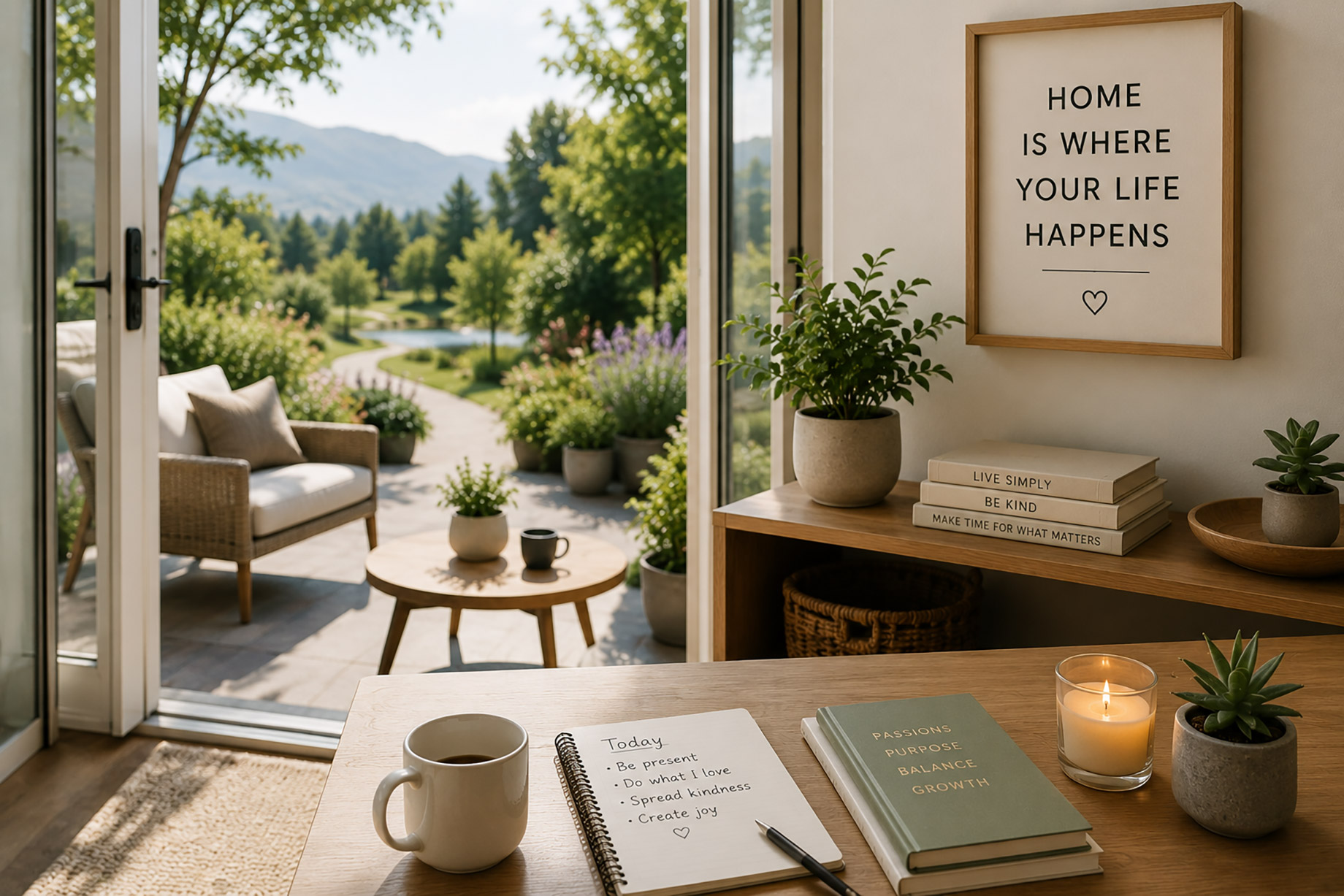 Bright interior with an open glass doorway leading to a garden terrace, with a wooden desk, coffee mug, notebook, plants, books, candle, and peaceful outdoor path beyond.