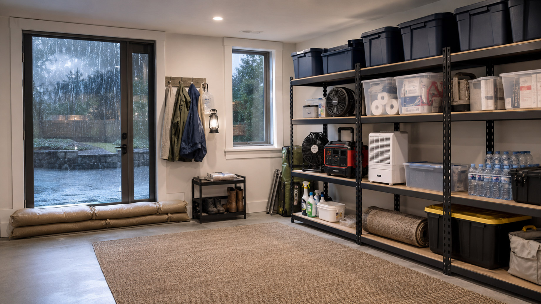 Organized utility room with elevated storage bins, emergency supplies, sandbags by the door, and heavy rain visible outside.