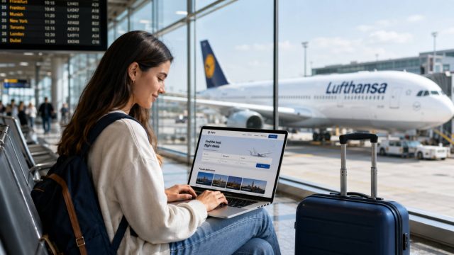 International student using a laptop to compare flight deals at an airport with a Lufthansa aircraft outside.