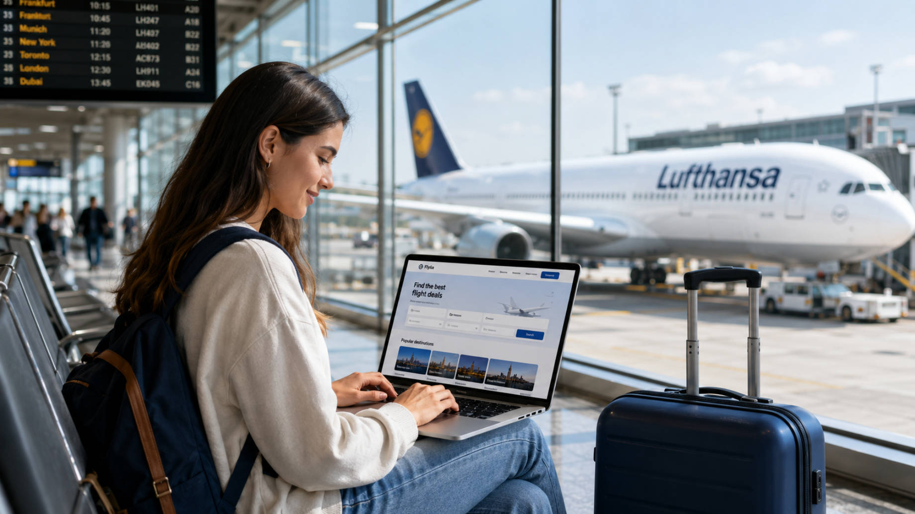 International student using a laptop to compare flight deals at an airport with a Lufthansa aircraft outside.