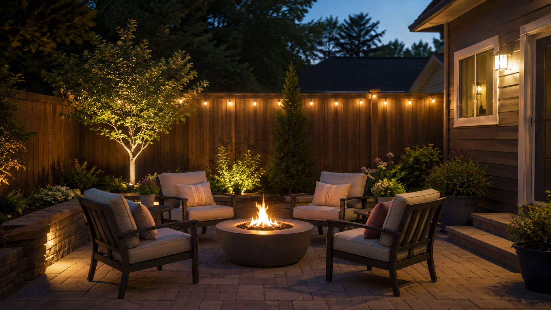 Four cushioned chairs arranged around a glowing fire pit on a private backyard patio with warm landscape lighting.