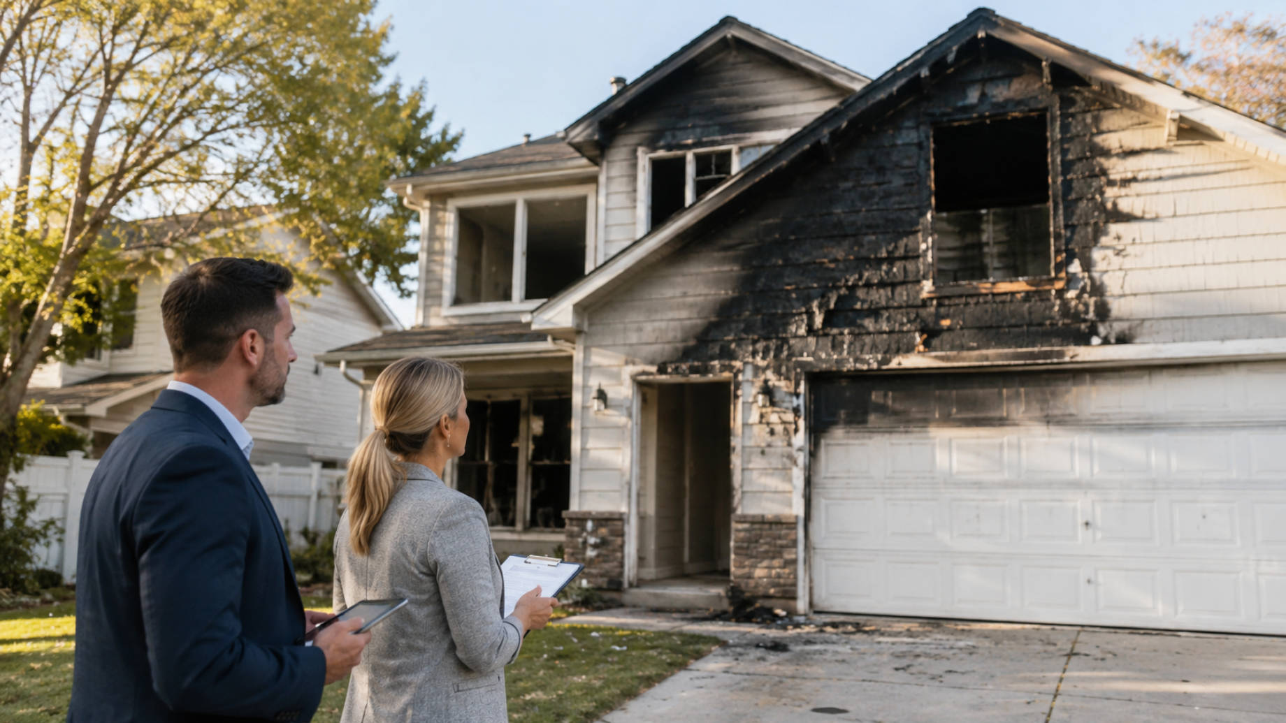 Two real estate investors standing outside a suburban house with visible fire damage, inspecting the property with a clipboard and phone.