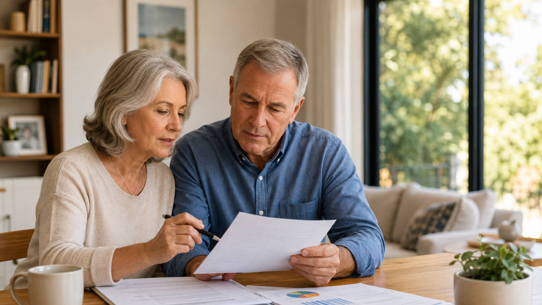 Older couple reviewing financial documents together at a dining table in a bright modern home with a calculator, notebook, and household paperwork.