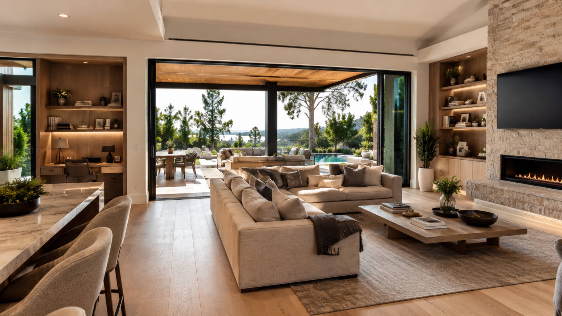 Luxury open-plan living room with a home office, modern kitchen, stone fireplace, built-in shelving, and direct access to a poolside outdoor retreat.