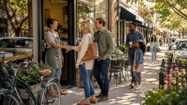 Local shop owner greeting customers outside a neighbourhood business on a lively tree-lined street.