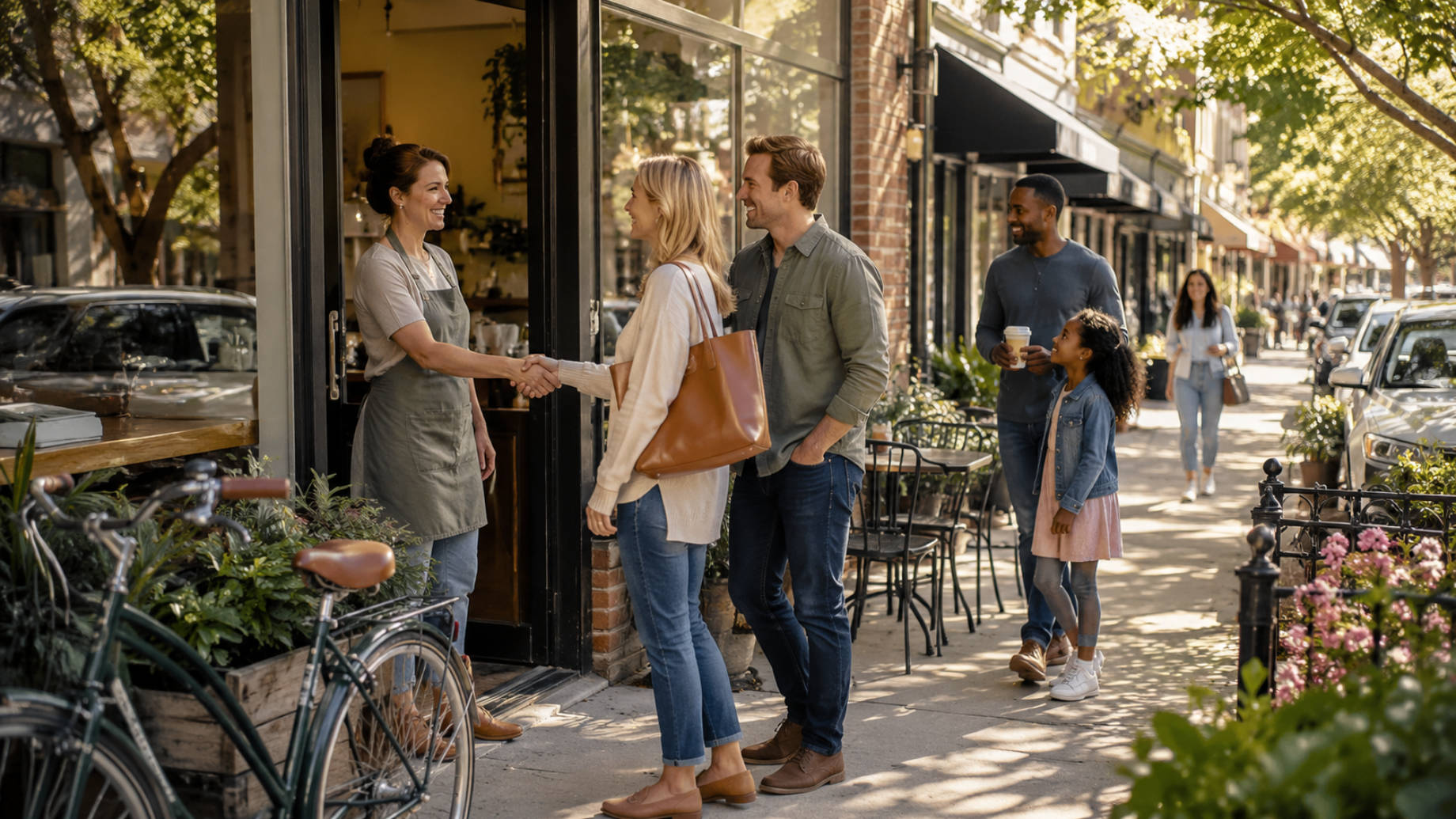 Local shop owner greeting customers outside a neighbourhood business on a lively tree-lined street.