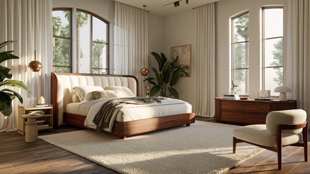 Low wooden platform bed with relaxed white linen bedding, pale plaster walls, warm sunlight, ceramic vessels, and a simple primary suite layout.