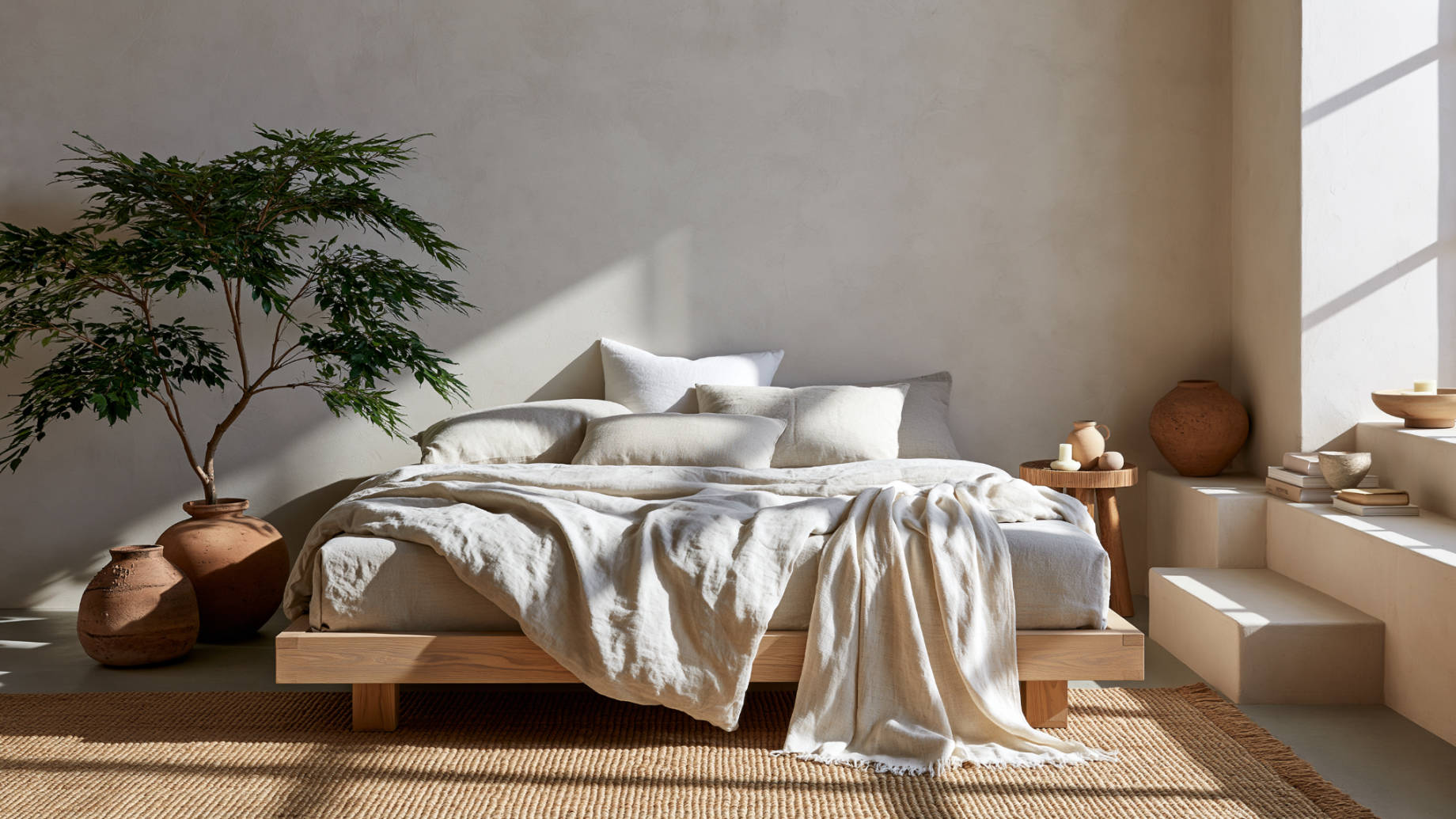 Low wooden platform bed with relaxed white linen bedding, pale plaster walls, warm sunlight, ceramic vessels, and a simple primary suite layout.