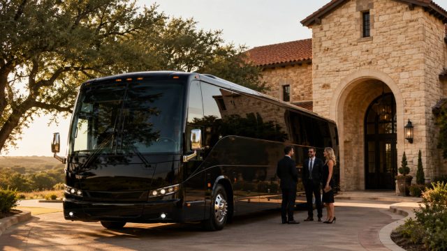 Black charter bus parked outside an upscale stone estate with three formally dressed guests standing near the entrance.