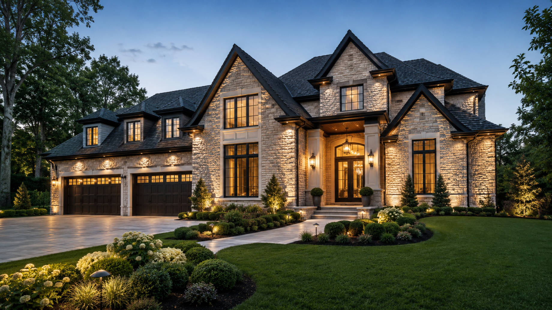 Elegant stone-clad luxury residence at dusk with architectural lighting, insulated garage doors, manicured landscaping, and a refined front entry.