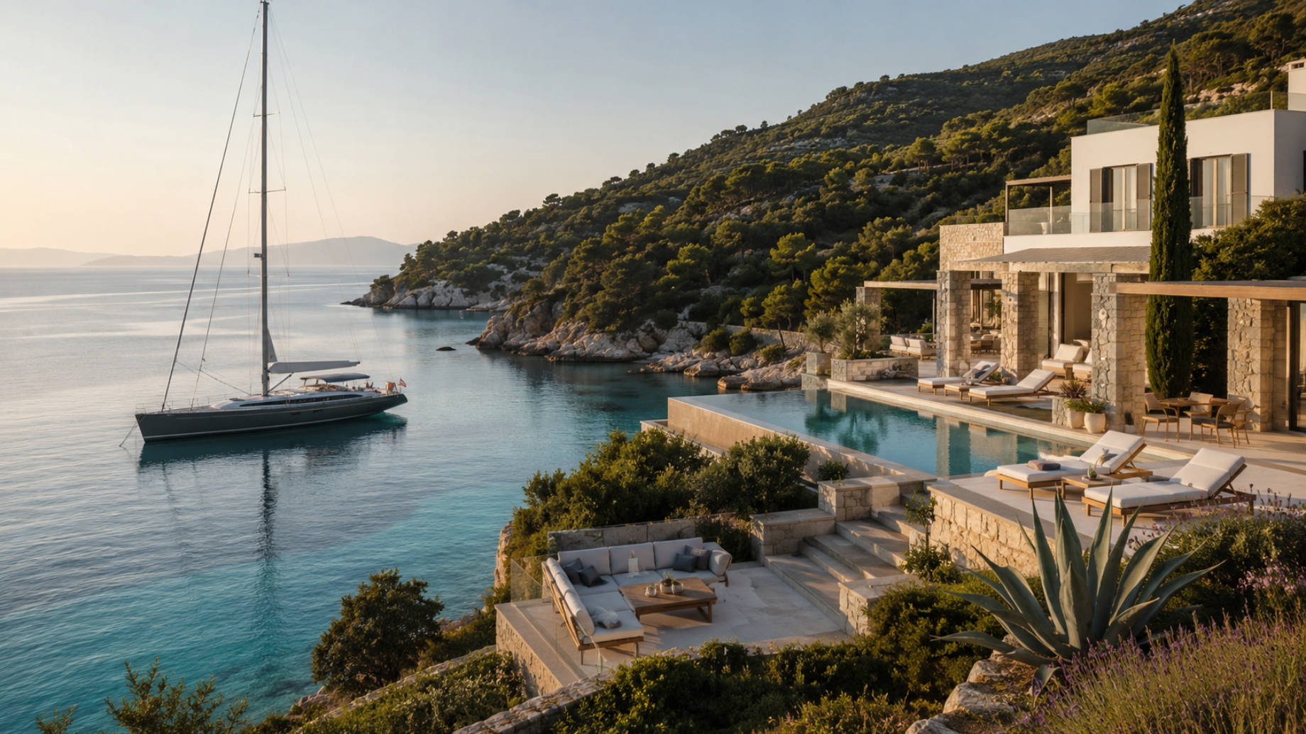 Luxury sailing yacht anchored beside a contemporary Greek villa with an infinity pool overlooking the turquoise Ionian Sea.