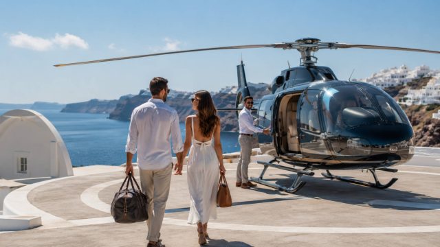 Luxury travellers approaching a private helicopter on a coastal helipad overlooking the Aegean Sea in Santorini.