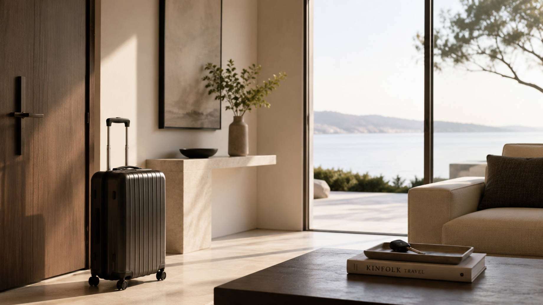 Minimal luxury entryway with a suitcase beside the front door and a sunlit waterfront view.