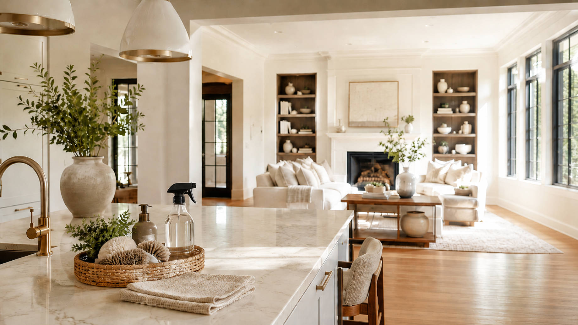 Elegant cleaning supplies on a marble kitchen island inside a bright luxury home with an open living room in the background.