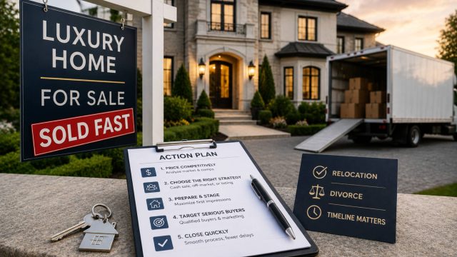 Luxury residence with a sold sign, moving truck, house keys, and a property sale action plan.