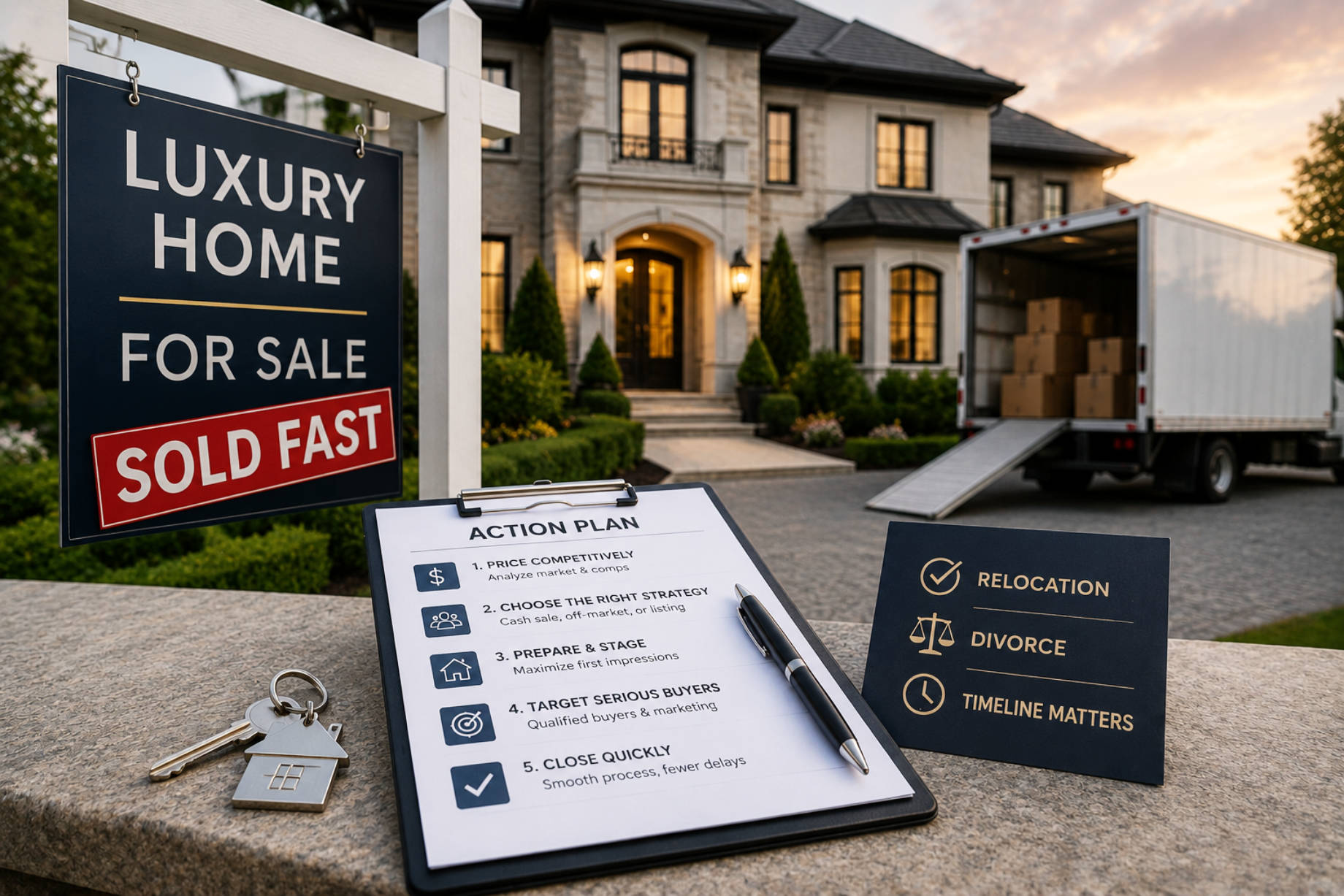 Luxury residence with a sold sign, moving truck, house keys, and a property sale action plan.