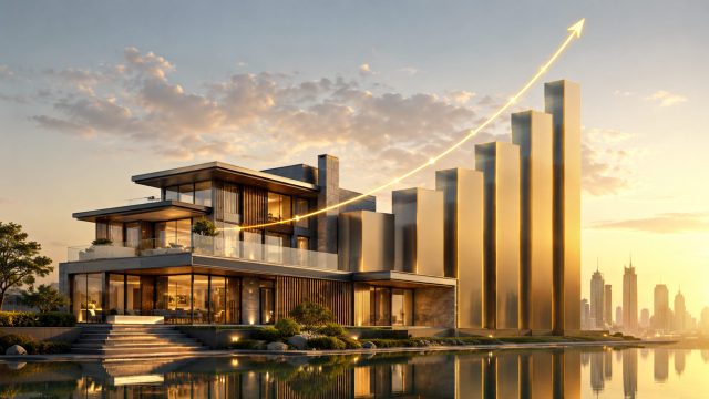 Modern luxury home integrated with rising investment bars and an upward trend line symbolizing property appreciation and long-term wealth growth.