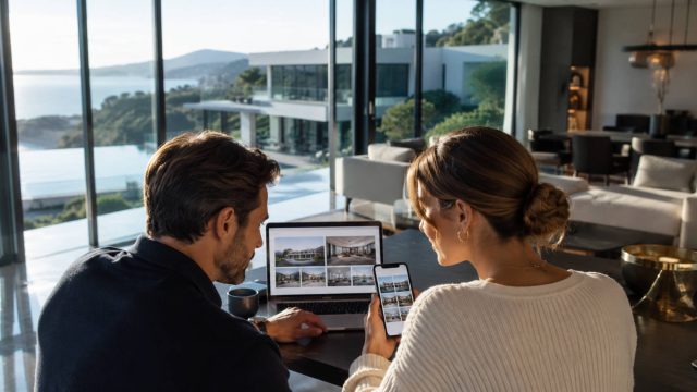 Couple reviewing luxury home listings on a laptop and smartphone inside a contemporary waterfront residence.