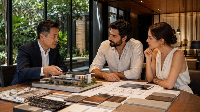 Singapore architect presenting a luxury house model and architectural plans to a bearded male homeowner and his partner.