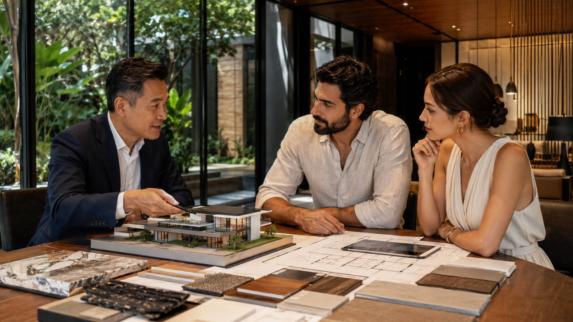Singapore architect presenting a luxury house model and architectural plans to a bearded male homeowner and his partner.
