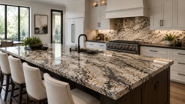 Spacious luxury kitchen with a polished granite island, matching stone backsplash, white cabinetry, and upholstered counter seating.