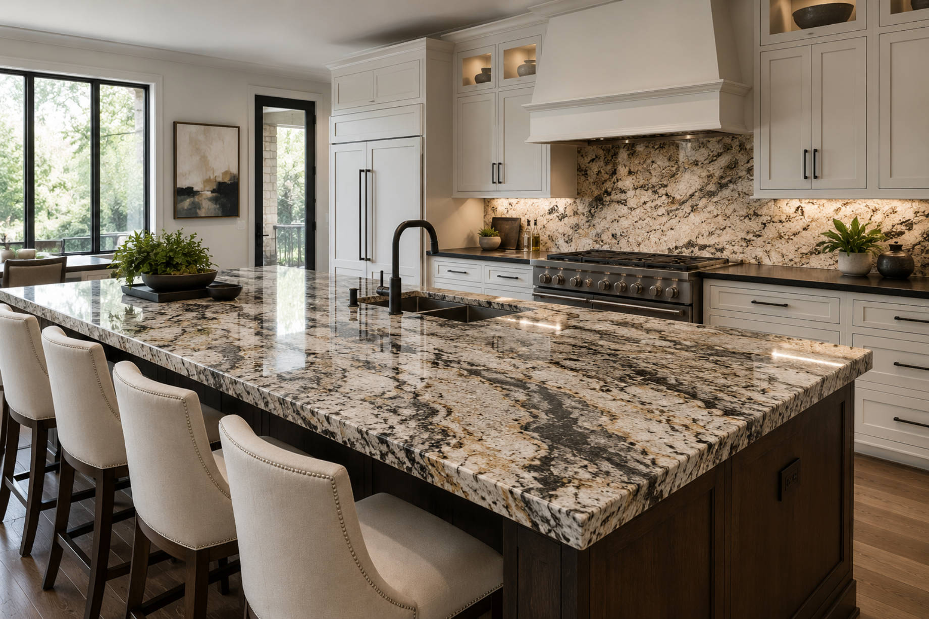 Spacious luxury kitchen with a polished granite island, matching stone backsplash, white cabinetry, and upholstered counter seating.