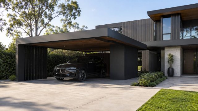 Contemporary Australian-style luxury home with a minimalist black carport, parked SUV, landscaped driveway, and clean architectural exterior.