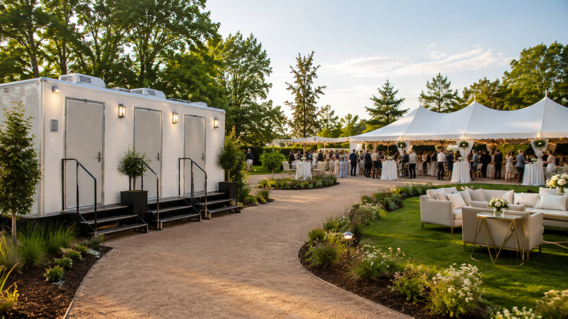 Elegant outdoor event with premium portable restroom trailers, landscaped walkways, lounge seating, and a white event tent at golden hour.