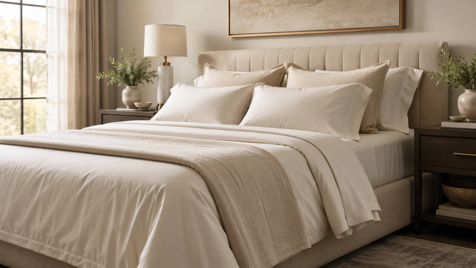 Queen-size bed styled with premium cream sheets, layered pillows, and a textured throw in an elegant neutral bedroom.