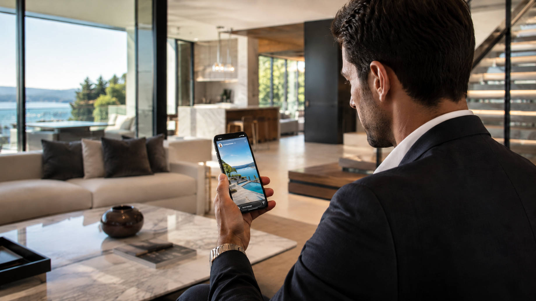 Luxury real estate professional viewing a waterfront property Instagram Story on a smartphone inside a modern high-end residence.
